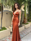 Sexy V Neck Spaghetti Strap Ruched Mermaid Prom Dress Rust Satin,OLP2326