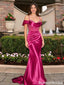 Sexy Fuchsia Off Shoulder Mermaid Prom Dress Ruched Satin Cold Shoulder Evening Gown,OLP2263