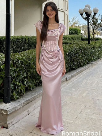 Elegant Dusty Rose Satin Prom Dress Cowl Neckline Corset Waist Detail,OLP2001