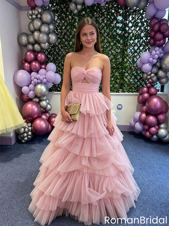 Active Pink Strapless Sweetheart A-Line Tiered Tulle Floor-Length Prom Dress,OLP2206