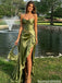 Elegant Olive Satin Cowl Neck Spaghetti Strap High Low Prom Dress，OLP2282