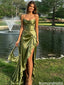 Elegant Olive Satin Cowl Neck Spaghetti Strap High Low Prom Dress，OLP2282