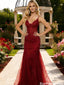 Sexy V-Neck Burgundy Lace Mermaid Prom Dress with Elegant Sheer Corset Bodice,OLP1891
