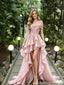 Sparkly Pink High Low Prom Dress Off Shoulder Sequin Ruffle Tulle Gown,OLP2199