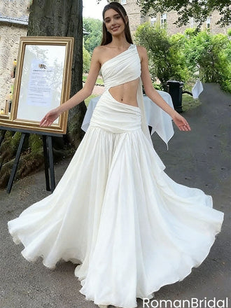 Unique White One Shoulder Prom Dress Cutout Ruched Chiffon Sexy Formal Gown,OLP2071