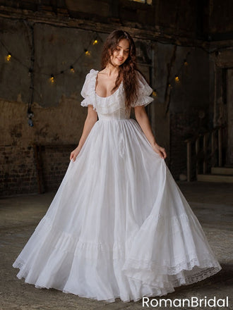 Classy White Long Prom Dress Scoop Neck Short Puff Sleeve Tulle Gown,OLP2352