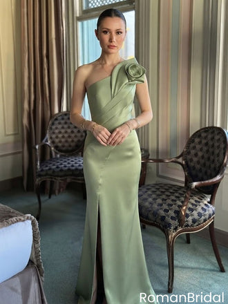 Sexy Modern One Shoulder Mermaid Prom Dress Sage Green Satin Floor Length,OLP2325
