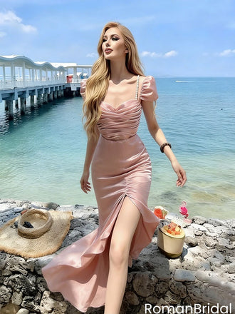 Sexy Pink Satin Mermaid Prom Dress with Slit Puff Sleeves,OLP2096