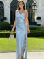 Sexy Ice Blue Satin Prom Dress Cowl Neck Lace Trim High Slit Gown,OLP1947