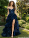Unique Navy Tiered Prom Dress Off-Shoulder Lace Applique High Slit Gown,OLP2024