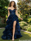 Unique Navy Tiered Prom Dress Off-Shoulder Lace Applique High Slit Gown,OLP2024