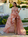 Unique Pink High Low Peach Prom Dress Off Shoulder Ruffle Tiered Skirt Organza,OLP1976