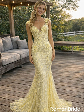 Elegant Mermaid Yellow Prom Dress 3D Floral Appliques Sweetheart Neckline,OLP2063