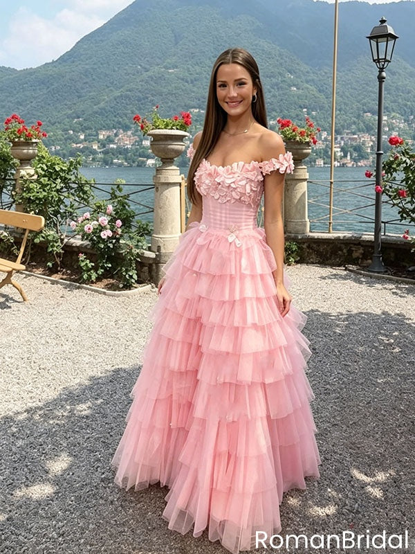 Elegant Pink Off-The-Shoulder Tulle Ruffle A-Line Prom Dress,OLP2202