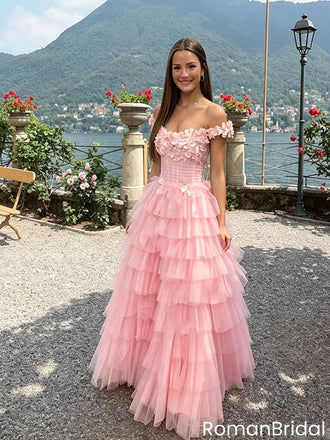 Elegant Pink Off-The-Shoulder Tulle Ruffle A-Line Prom Dress,OLP2202