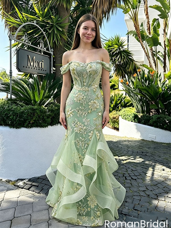 Pretty Mint Green Off Shoulder Sleeveless Floor-Length Tulle Embroidered Prom Dress,OLP2348