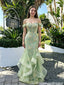 Pretty Mint Green Off Shoulder Sleeveless Floor-Length Tulle Embroidered Prom Dress,OLP2348