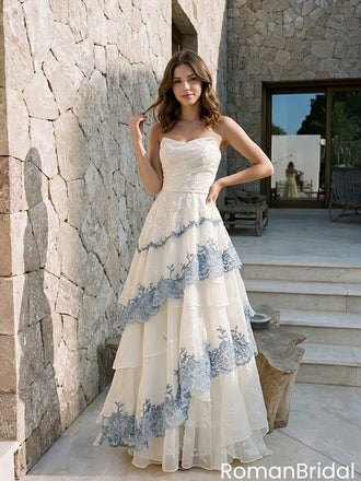 Strapless Ivory Tiered Prom Dress Modern Lace Applique Floor Length Formal Gown,OLP2319