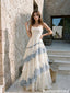 Strapless Ivory Tiered Prom Dress Modern Lace Applique Floor Length Formal Gown,OLP2319