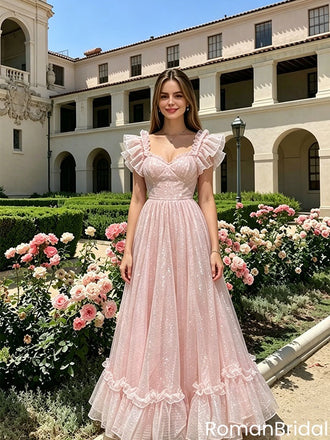 Beautiful Sparkly Pink Lace A-Line Ruffled Sleeves Long Prom Dress,OLP2211