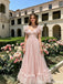 Beautiful Sparkly Pink Lace A-Line Ruffled Sleeves Long Prom Dress,OLP2211