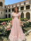 Beautiful Sparkly Pink Lace A-Line Ruffled Sleeves Long Prom Dress,OLP2211