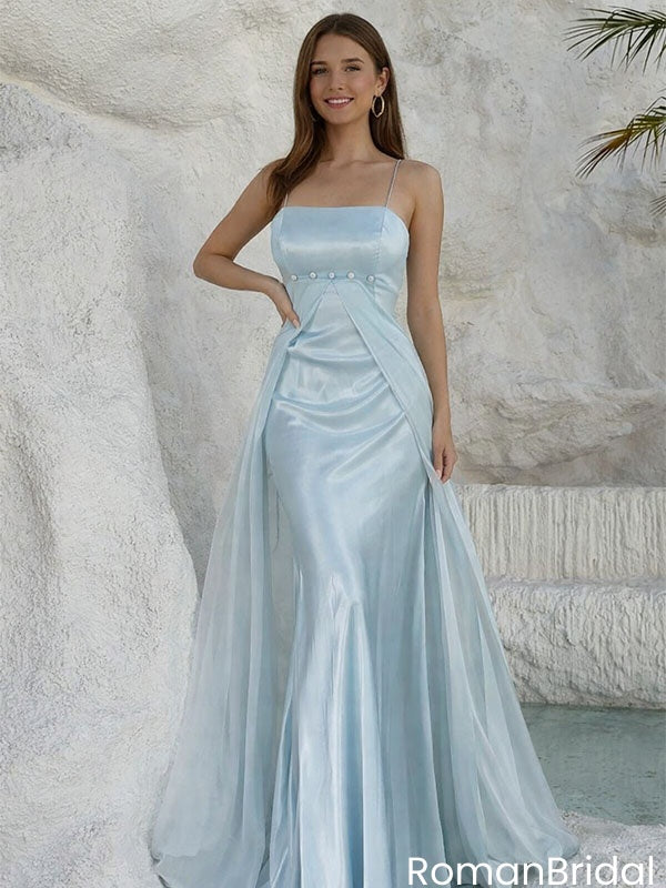 Elegant Ice Blue Silk Satin Prom Gown Square Neck Sleeveless Pearled Mermaid Dress,OLP2111