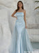 Elegant Ice Blue Silk Satin Prom Gown Square Neck Sleeveless Pearled Mermaid Dress,OLP2111