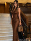 Chocolate Brown Sparkly Mermaid Prom Dress Halter V Neck Sleeveless Sequin Gown,OLP2257