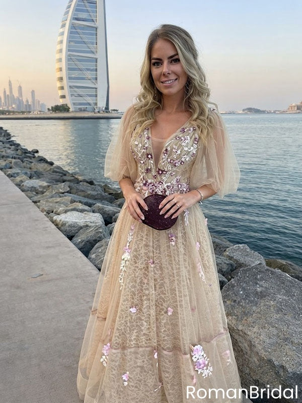 Fancy V-Neck Bishop Sleeve A-Line Floor-Length Tulle Prom Dress with Floral Embroidery,OLP2351