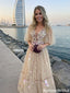 Fancy V-Neck Bishop Sleeve A-Line Floor-Length Tulle Prom Dress with Floral Embroidery,OLP2351