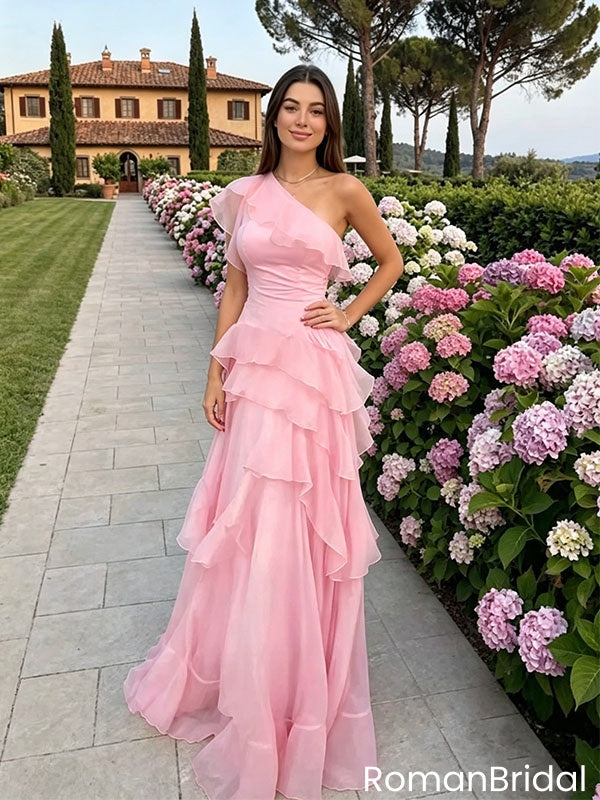 Sexy One Shoulder Pink Chiffon Prom Dress with Elegant Ruffle Layers ,OLP2235