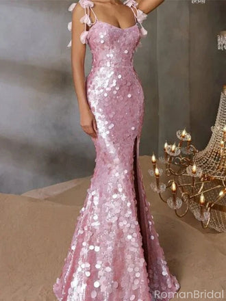 Sparkly Pink Spaghetti Strap Mermaid Long Prom Dress Ideas, Evening Party Dresses, OLP1545