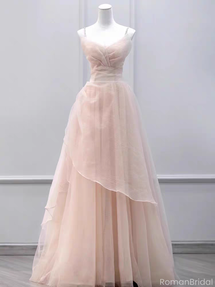 Elegant Pink Spaghetti Strap A-Line Long Prom Dress Ideas, Evening Party Dresses, OLP1443