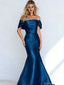 Classy Teal Blue Mermaid Formal Gown Ruched Off-Shoulder Satin Prom Dress,OLP1771