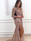 Sexy Rose Gold Sequin Prom Dress One Shoulder Long Sleeve High Slit Glitter Gala Gown,OLP1736