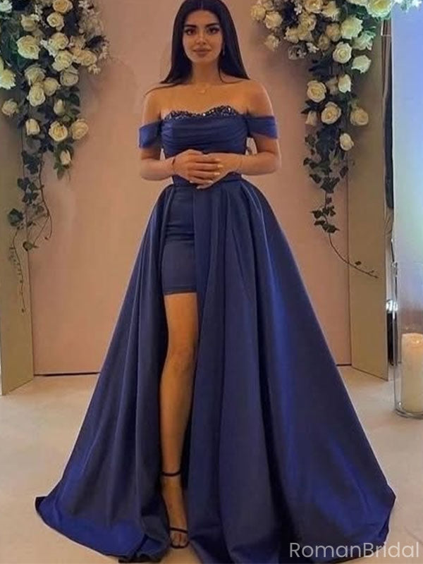 Elegant Navy Blue Off-Shoulder A-Line Long Prom Dress Ideas, Evening Party Dresses, OLP1622