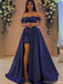 Elegant Navy Blue Off-Shoulder A-Line Long Prom Dress Ideas, Evening Party Dresses, OLP1622