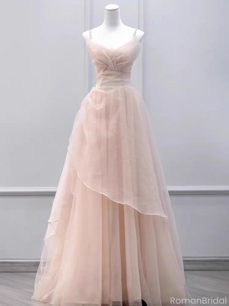 Elegant Pink Spaghetti Strap A-Line Long Prom Dress Ideas, Evening Party Dresses, OLP1443