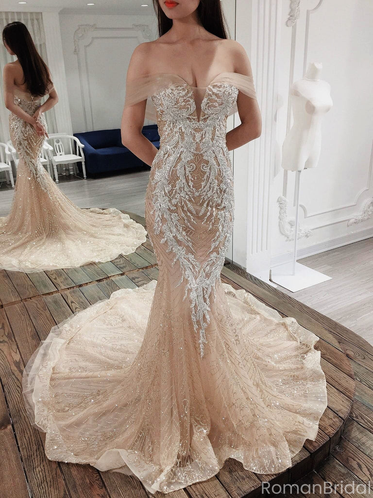 Sexy Champagne Off-Shoulder Mermaid Long Prom Dress Ideas, Evening Party Dresses, OLP1514