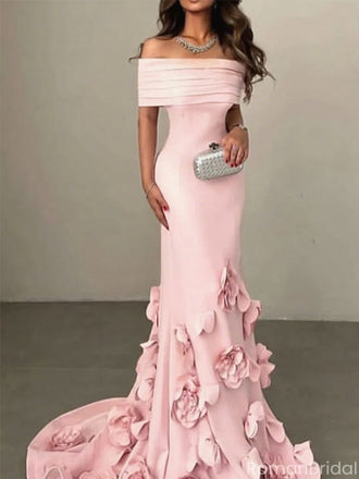 Unique Pink Floral Off-Shoulder Mermaid Sleeveless Long Prom Dress Ideas, Evening Party Dresses, OLP1327