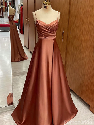Elegant Brown Spaghetti Strap A-Line Long Prom Dress Ideas, Evening Party Dresses, OLP1247