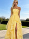 Elegant Strapless Yellow Chiffon Prom Dress Ruffle Layers High Slit Gown,OLP1776