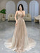 Shiny Gold Spaghetti Strap A-Line Long Prom Dress Ideas, Evening Party Dresses , OLP1242