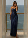 Elegant Navy Blue Strapless Prom Dress Ruched Mermaid Evening Gown,OLP1801