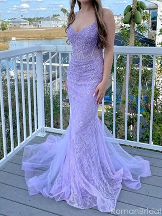 Elegant Spahetti Strap Lavender Applique Mermaid Long Prom Dress Ideas, Evening Party Dresses , OLP1237