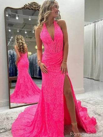 Unique Pink Lace Prom Gown with Sexy High Slit Halter V-Neck Sleeveless Mermaid Dress,OLP1743