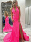 Unique Pink Lace Prom Gown with Sexy High Slit Halter V-Neck Sleeveless Mermaid Dress,OLP1743