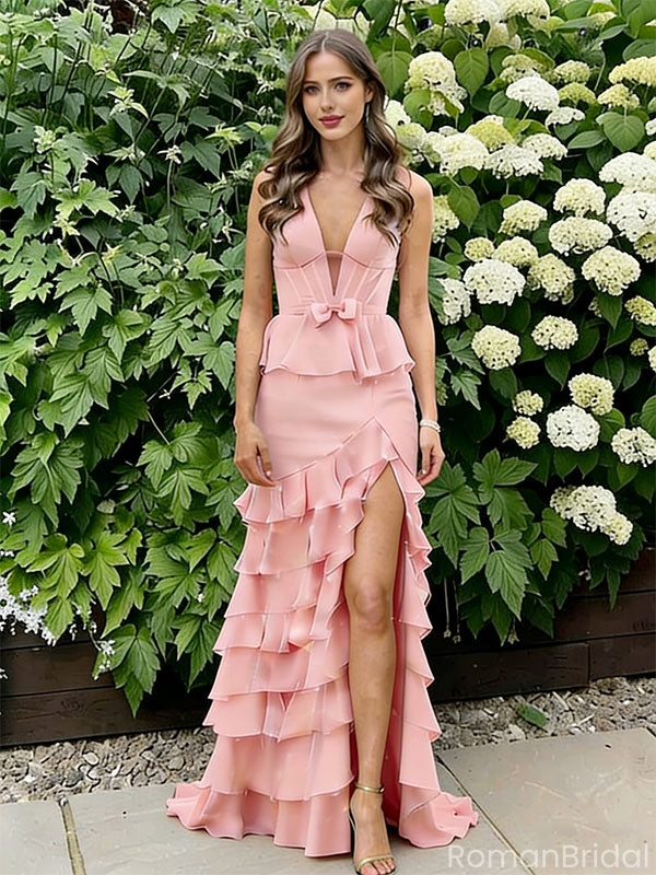 Lovely Pink V-Neck Mermaid Side Slit Long Prom Dress Ideas, Evening Party Dresses, OLP1682