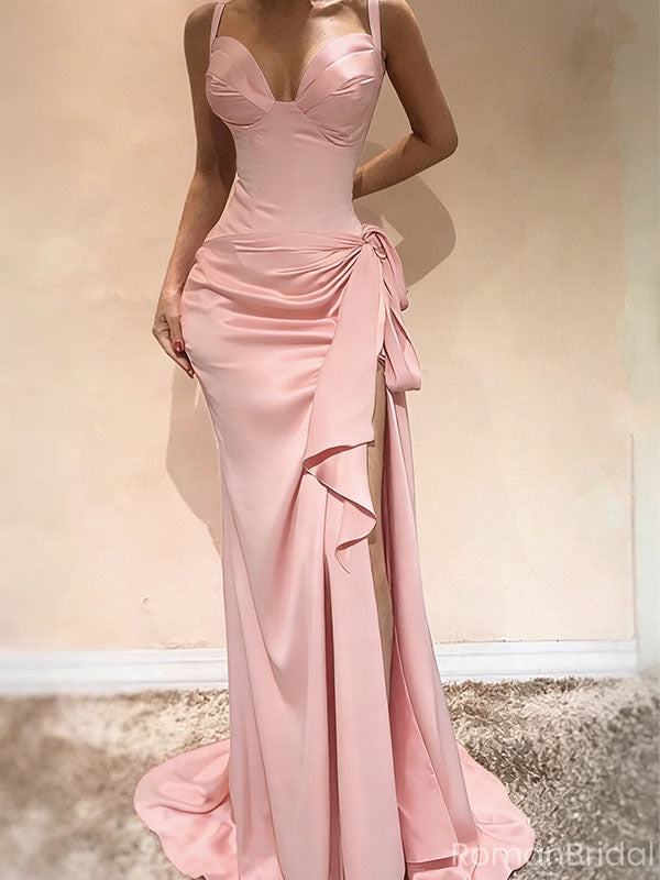 Sexy Sweetheart Neck Ruched Pink Silk Prom Dress with Slit, OLP1709